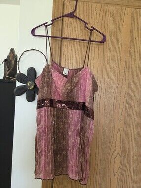 Pink and Brown Sequin-Trim Spaghetti Strap Tank